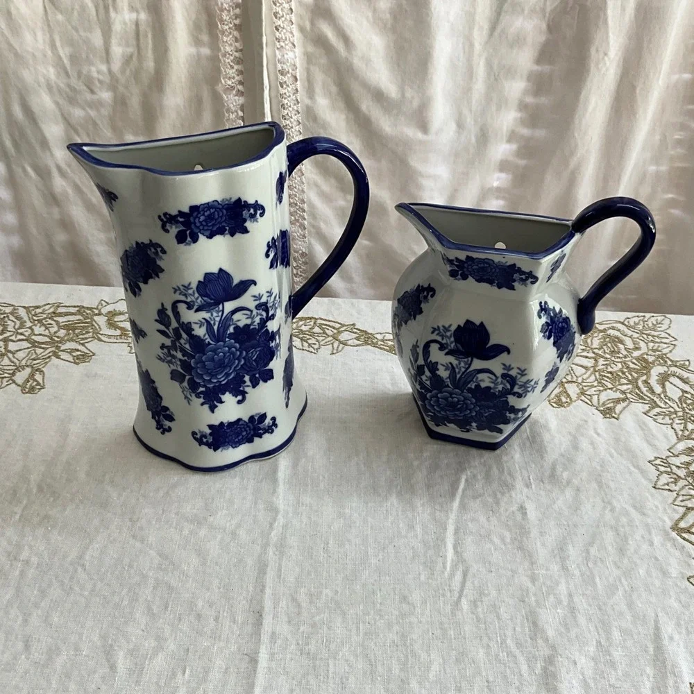 Blue White Floral Chinoiserie Wall Pocket Pitcher Ceramic Vases Cottagecore 2pc